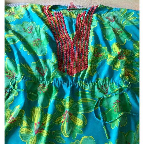 READ 100% Silk Lilly Pulitzer Blue Green Floral Beaded Women's Tunic Shirt S M - Picture 3 of 8